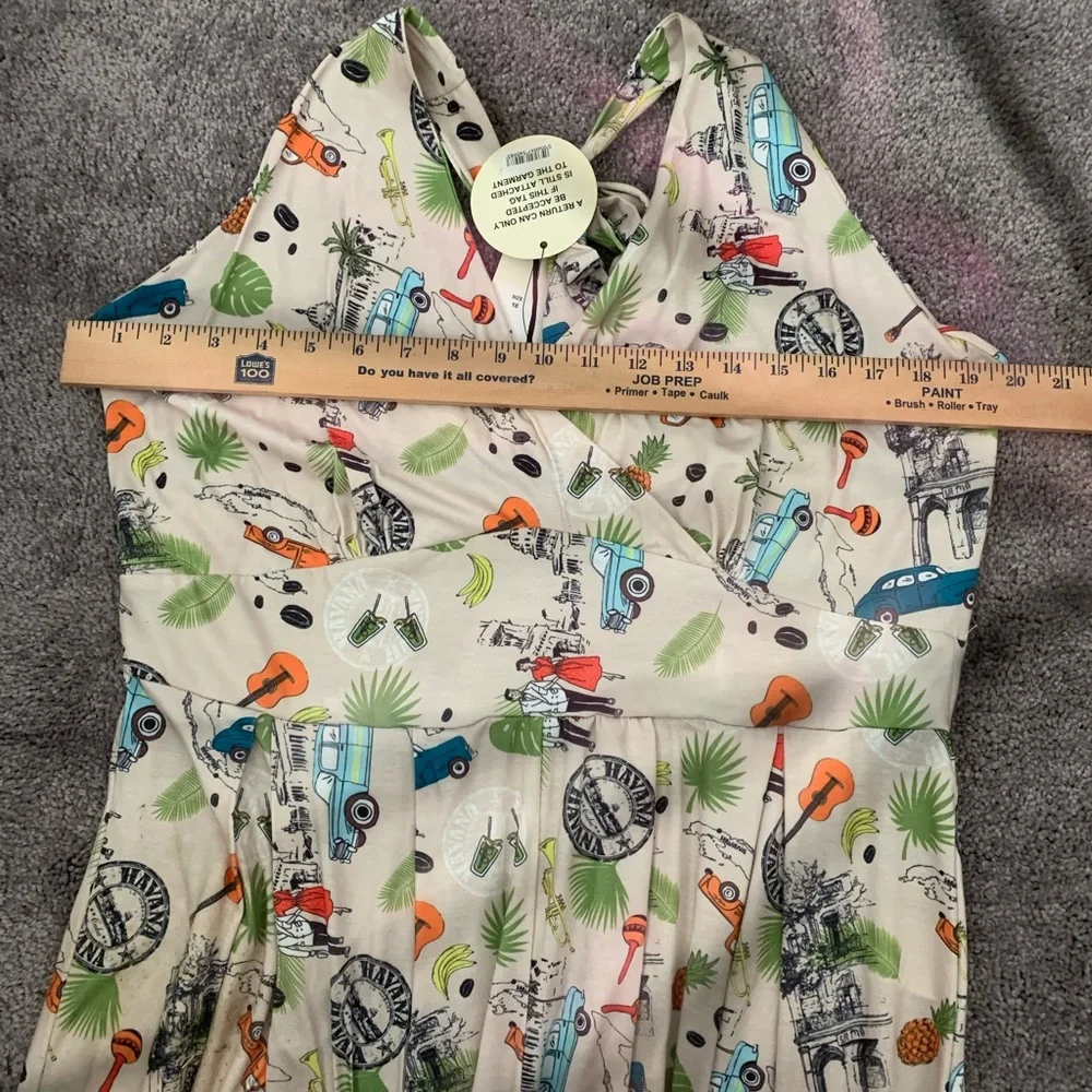 NWT Lindy Bop Cream romper babydoll halter tie back Tiki Print Dress elastic - Picture 10 of 11